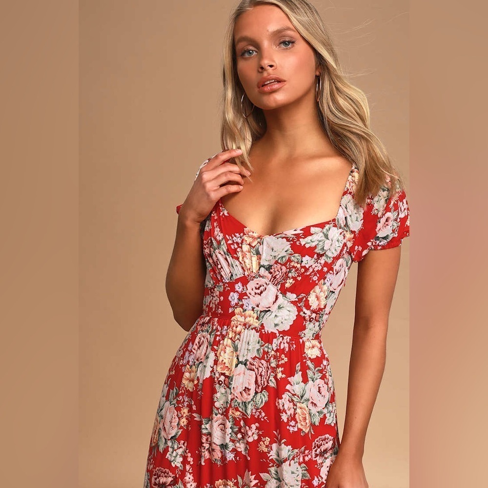 Auguste The Label Reverie Red Floral Print Tiered Puff Sleeve Midi Dress Size 0 - Picture 13 of 13